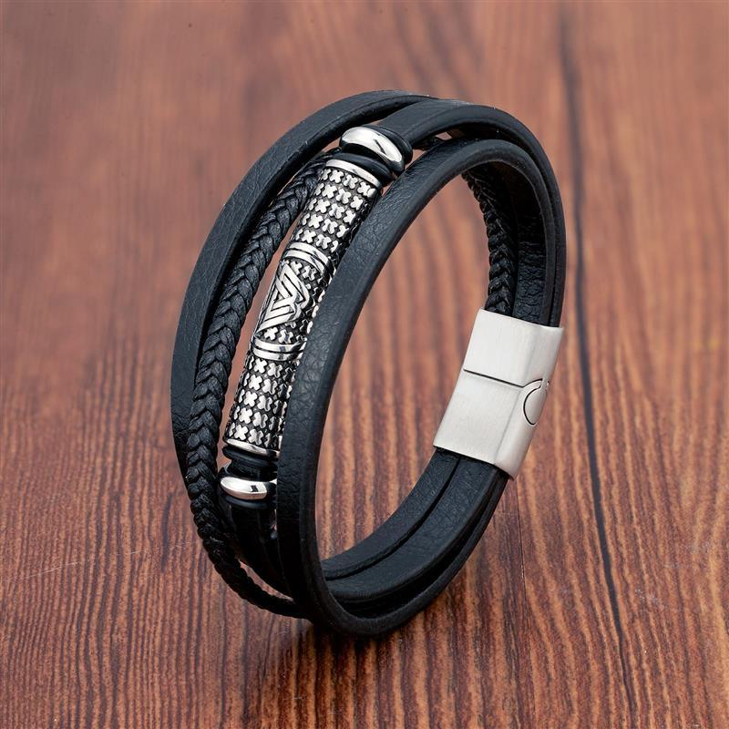 Bracelet Viking en cuir avec insert en acier inoxydable | Bijoux punk pour homme Style2 silver