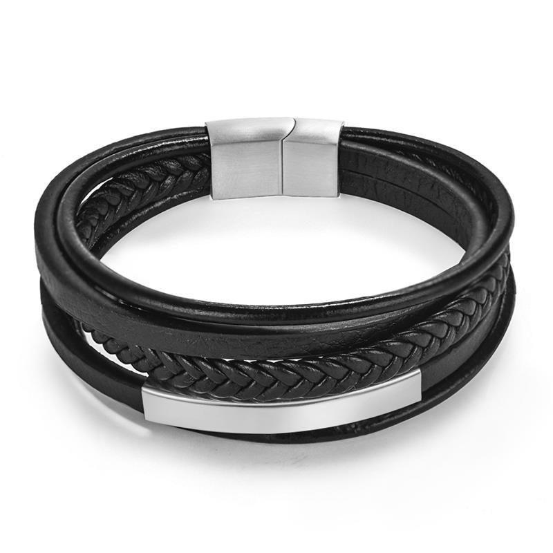 Bracelet Viking en cuir avec insert en acier inoxydable | Bijoux punk pour homme Style4 silver