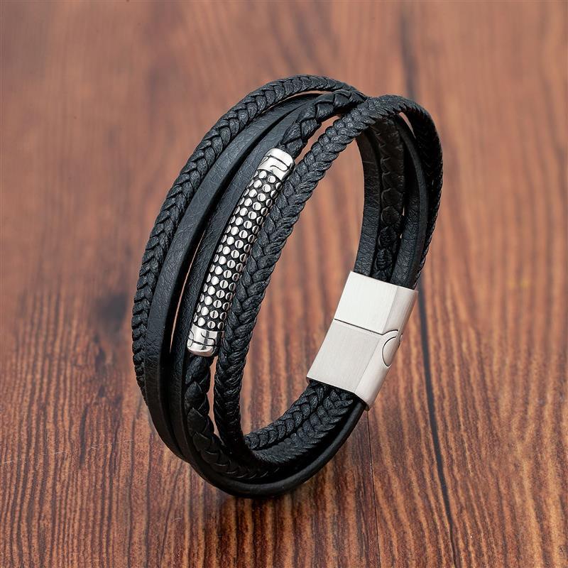 Bracelet Viking en cuir avec insert en acier inoxydable | Bijoux punk pour homme Style3 silver