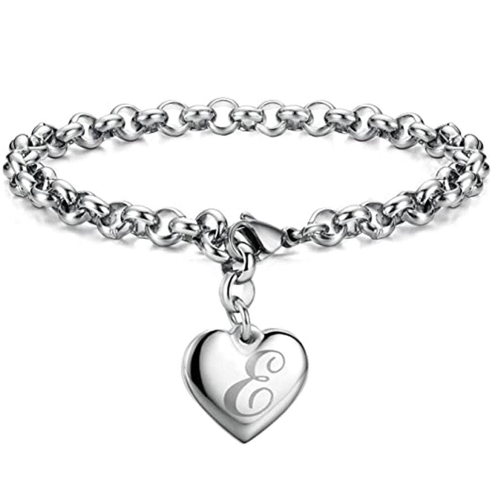 Bracelet en acier inoxydable avec initiale de charme pour femme E 20cm