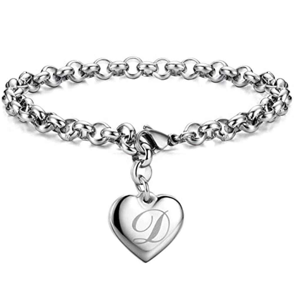 Bracelet en acier inoxydable avec initiale de charme pour femme D 20cm