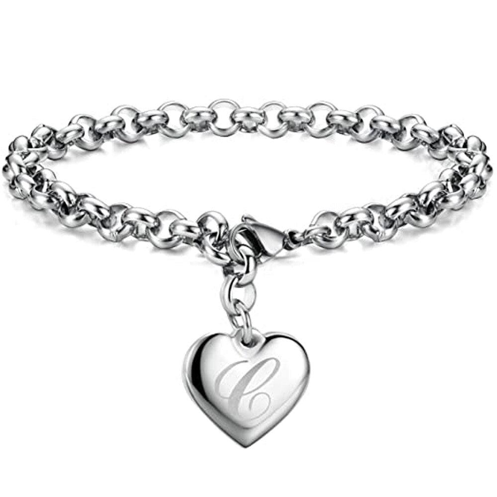 Bracelet en acier inoxydable avec initiale de charme pour femme C 20cm