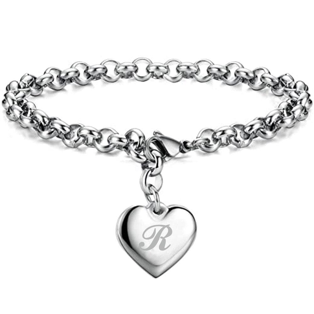 Bracelet en acier inoxydable avec initiale de charme pour femme R 20cm