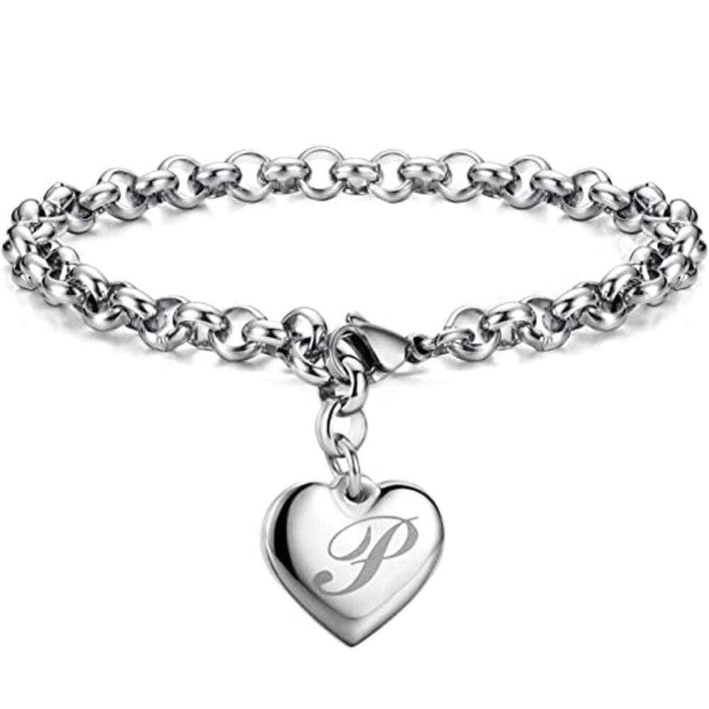 Bracelet en acier inoxydable avec initiale de charme pour femme P 20cm
