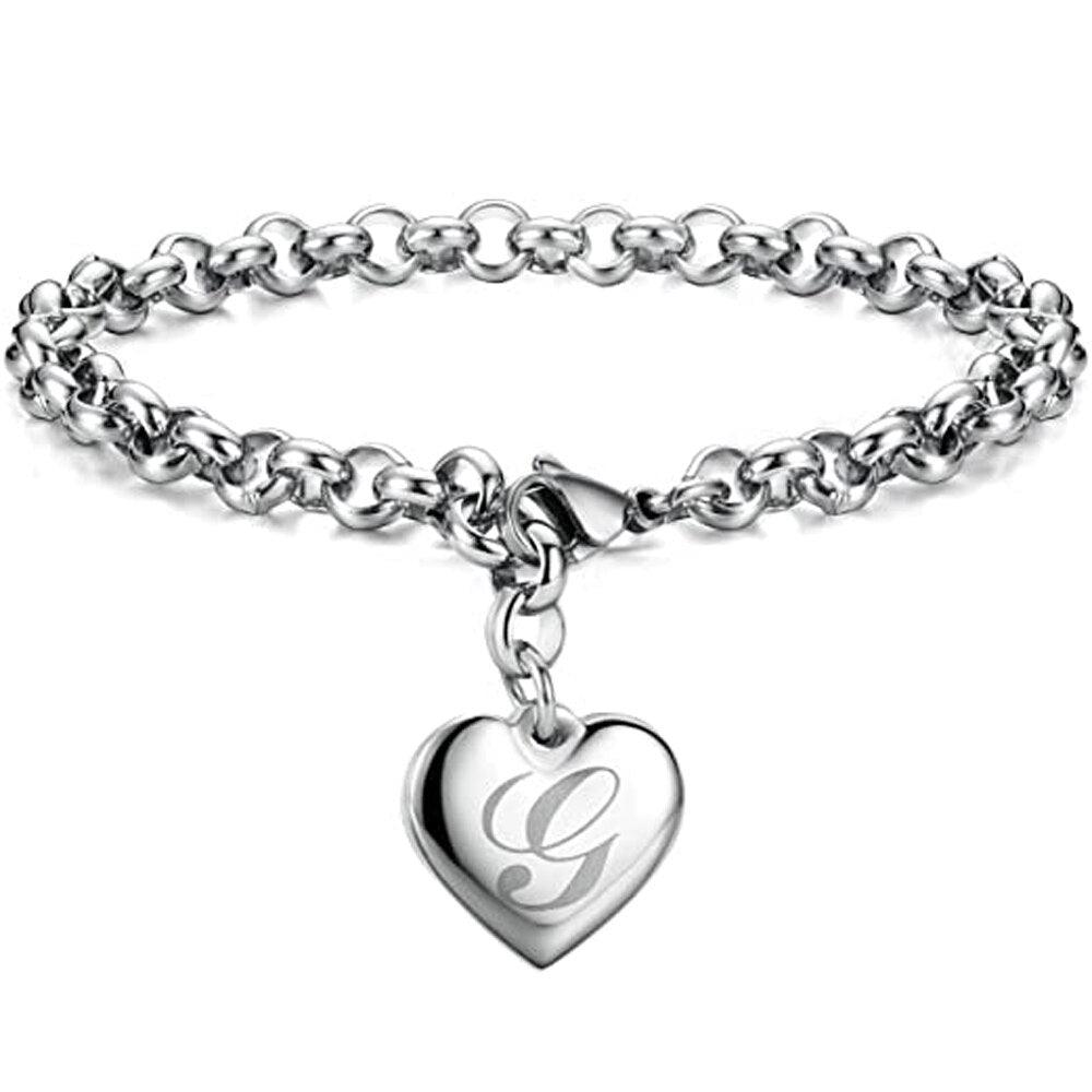 Bracelet en acier inoxydable avec initiale de charme pour femme G 20cm