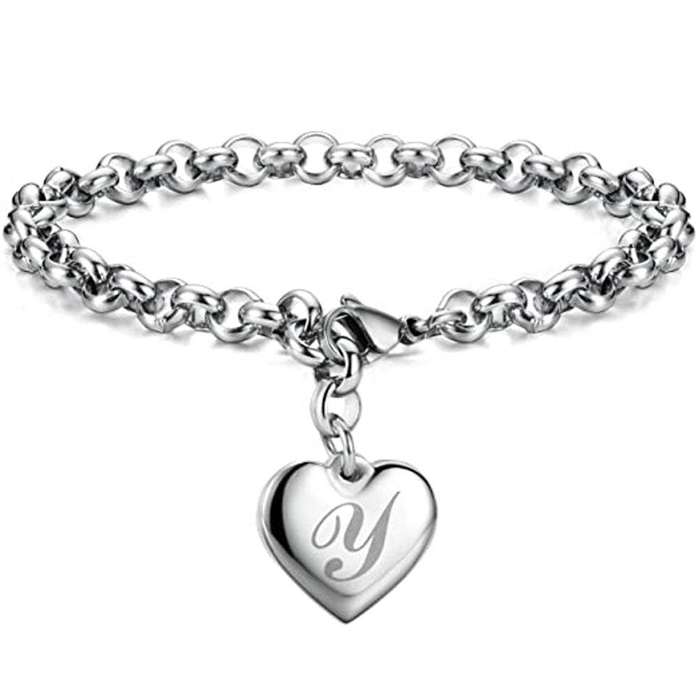 Bracelet en acier inoxydable avec initiale de charme pour femme Y 20cm