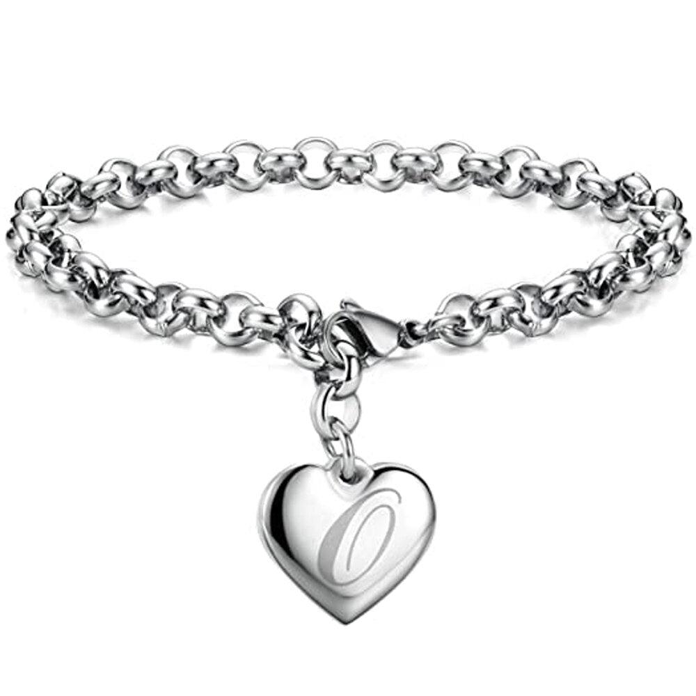 Bracelet en acier inoxydable avec initiale de charme pour femme O 20cm