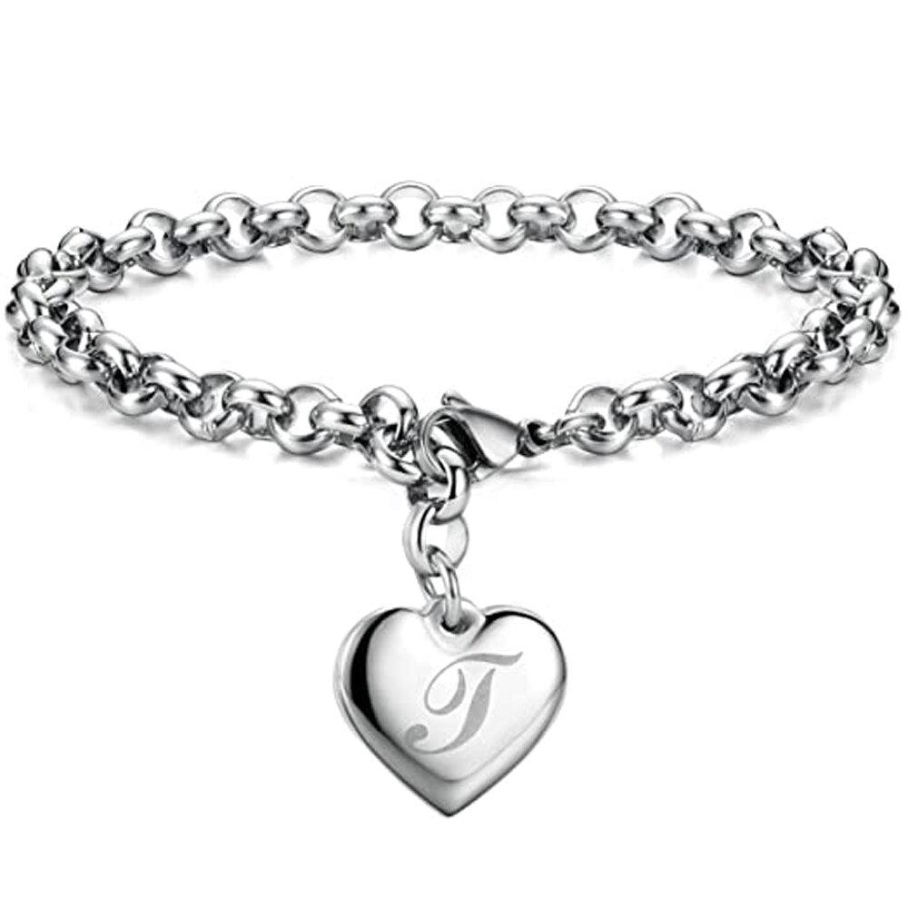 Bracelet en acier inoxydable avec initiale de charme pour femme T 20cm