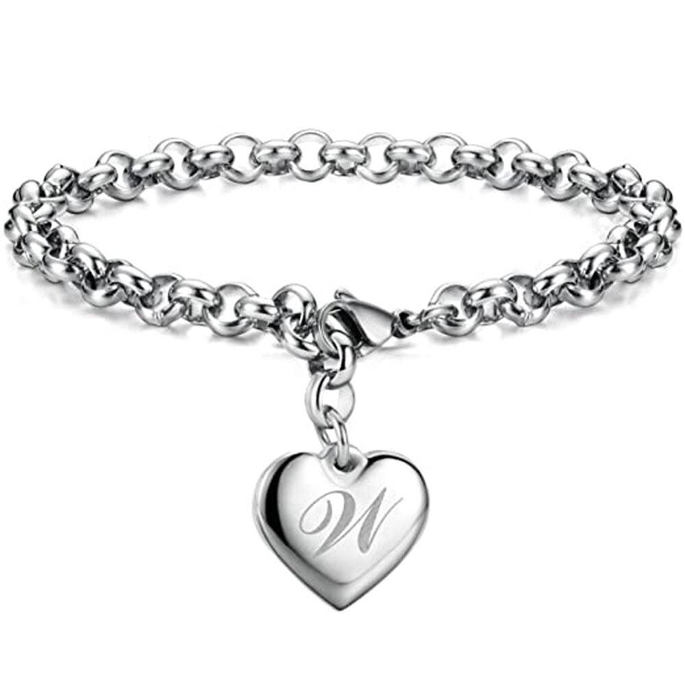 Bracelet en acier inoxydable avec initiale de charme pour femme W 20cm
