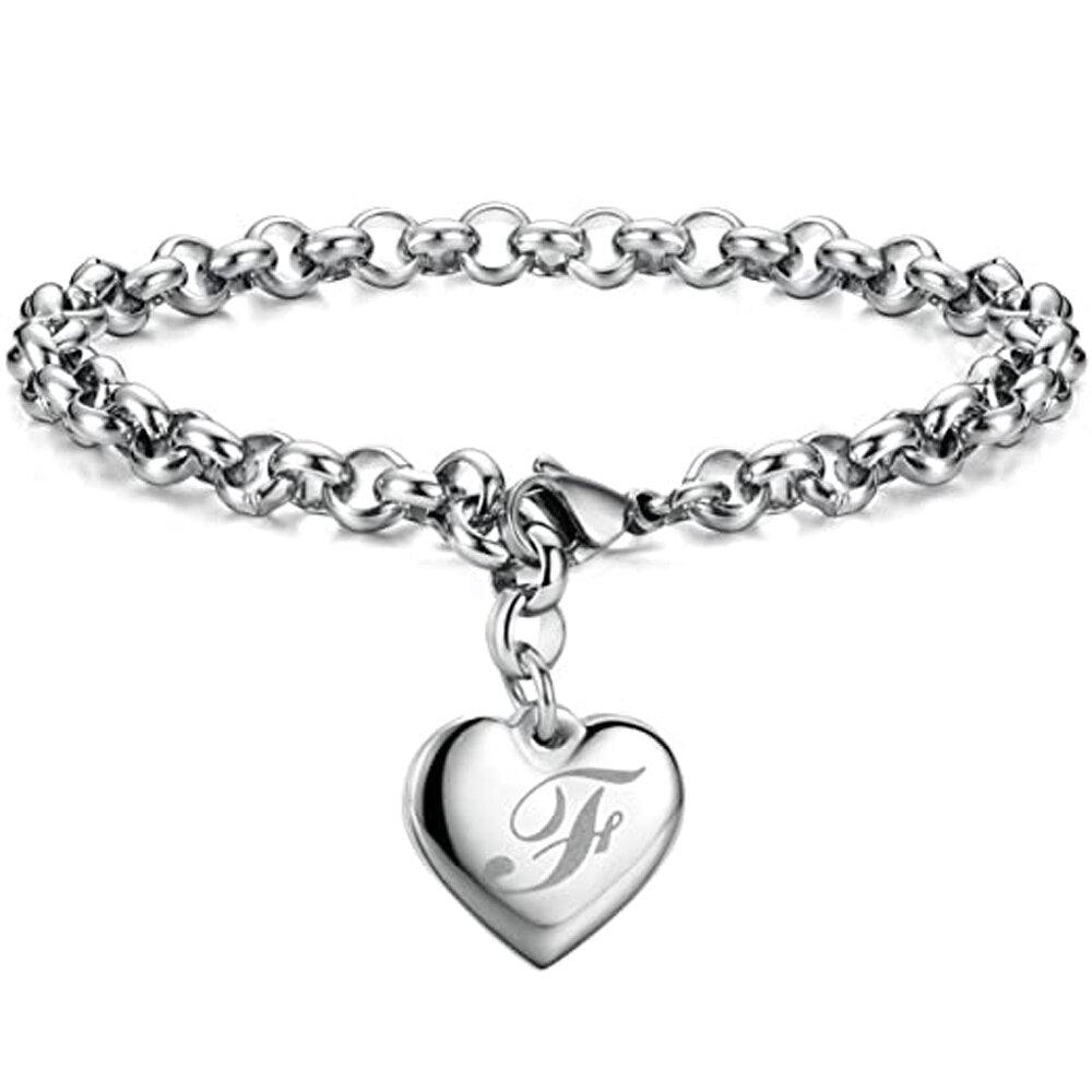 Bracelet en acier inoxydable avec initiale de charme pour femme F 20cm