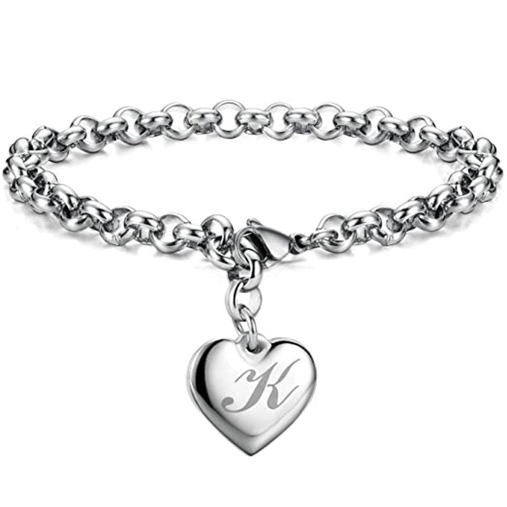 Bracelet en acier inoxydable avec initiale de charme pour femme K 20cm