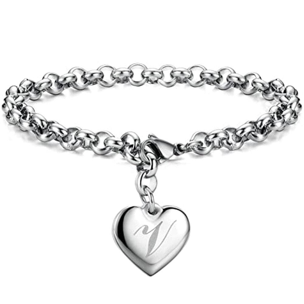 Bracelet en acier inoxydable avec initiale de charme pour femme V 20cm