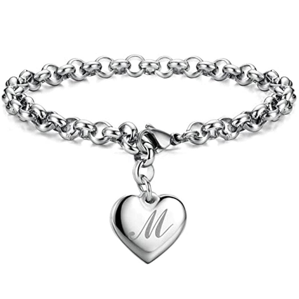 Bracelet en acier inoxydable avec initiale de charme pour femme M 20cm