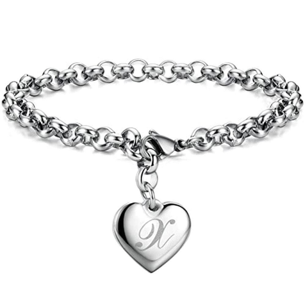 Bracelet en acier inoxydable avec initiale de charme pour femme X 20cm