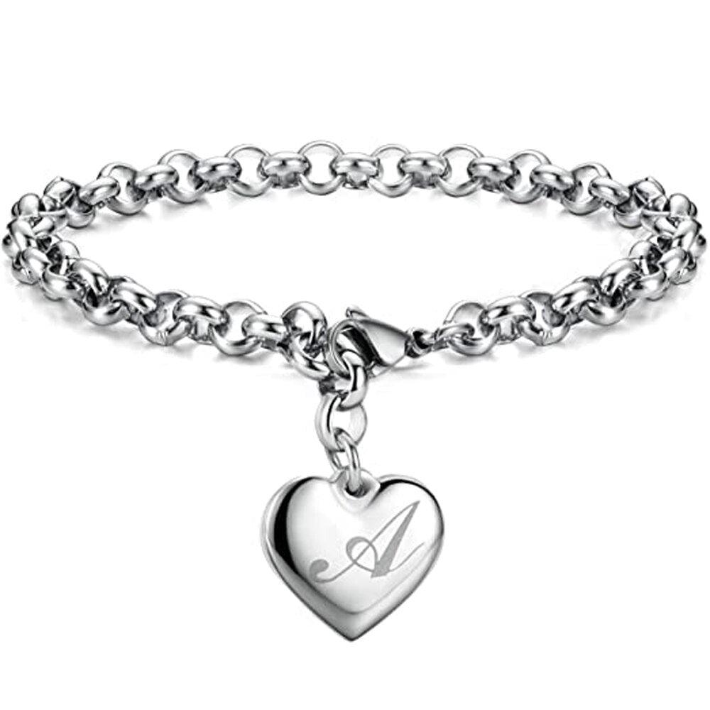 Bracelet en acier inoxydable avec initiale de charme pour femme A 20cm