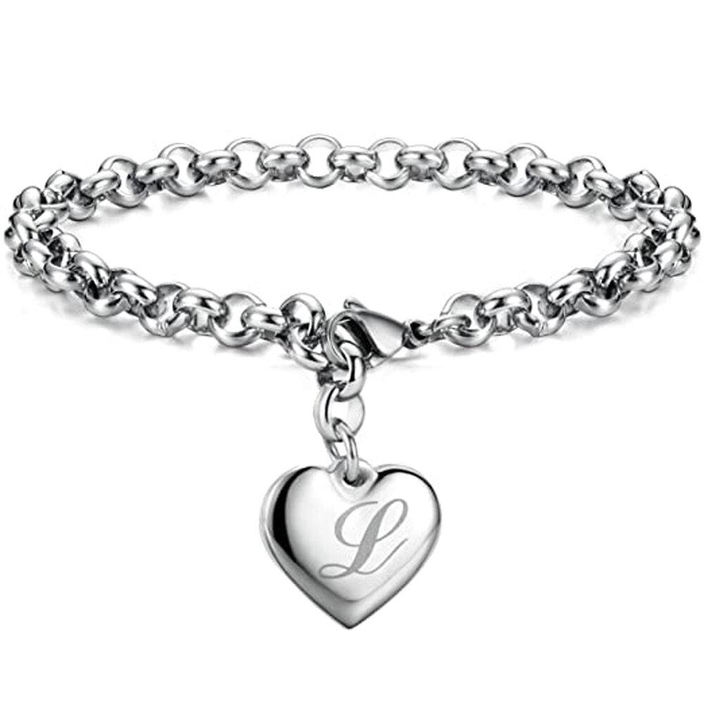 Bracelet en acier inoxydable avec initiale de charme pour femme L 20cm