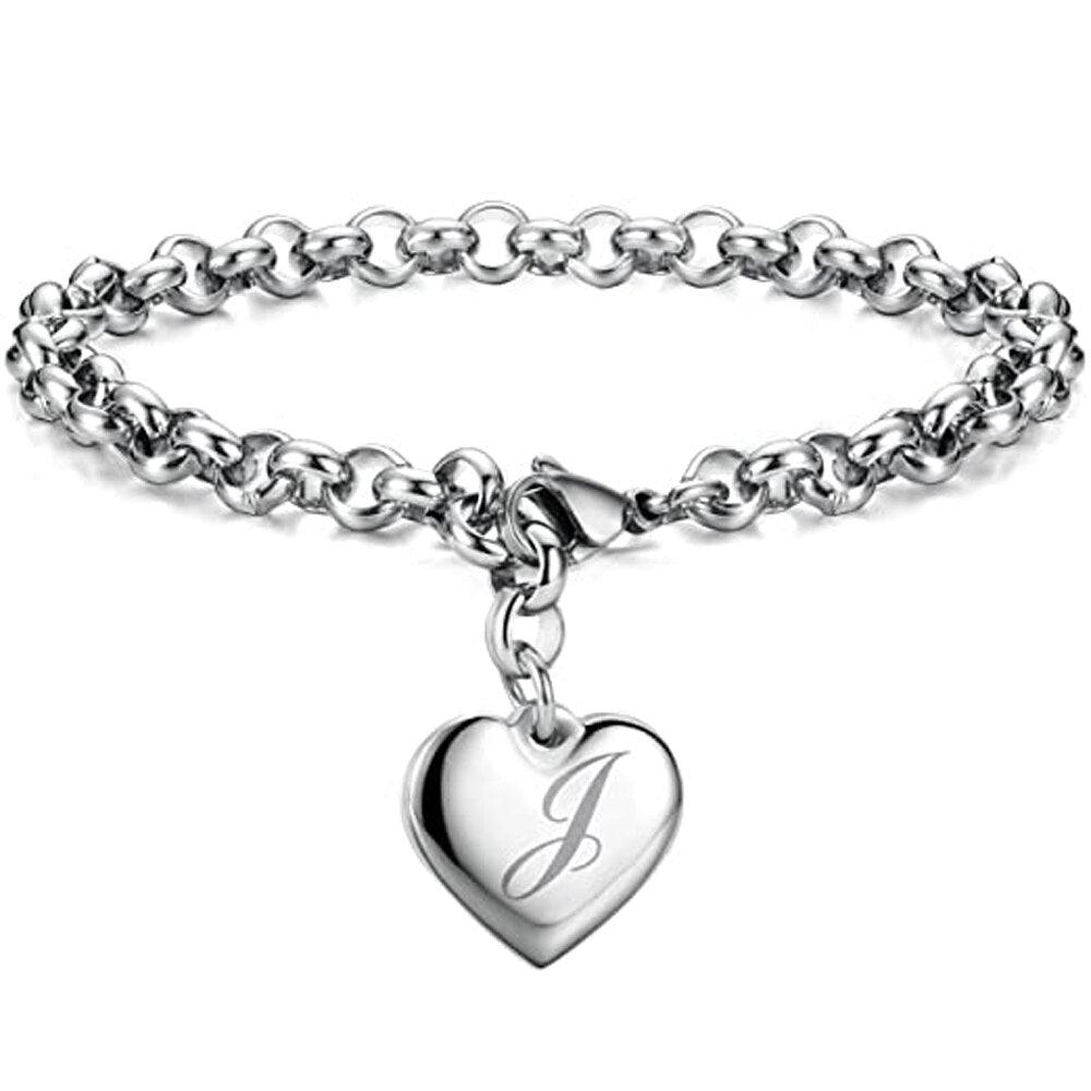 Bracelet en acier inoxydable avec initiale de charme pour femme J 20cm