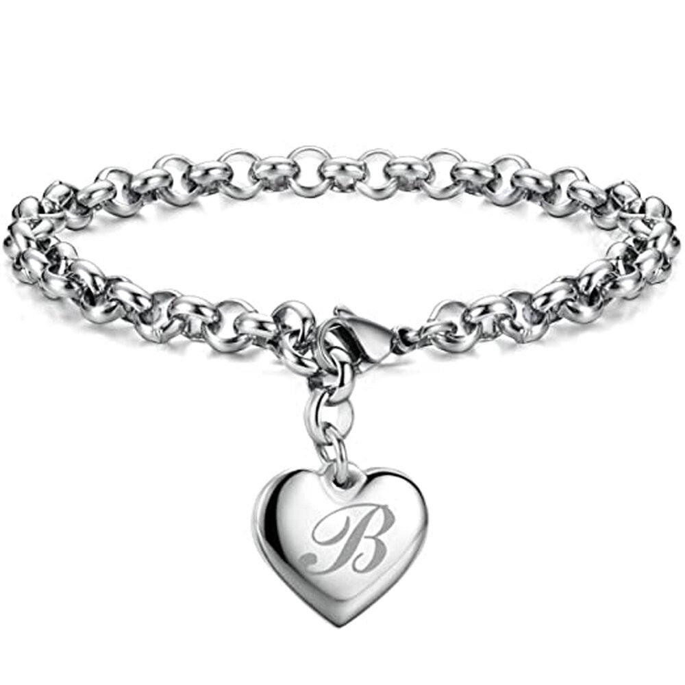 Bracelet en acier inoxydable avec initiale de charme pour femme B 20cm