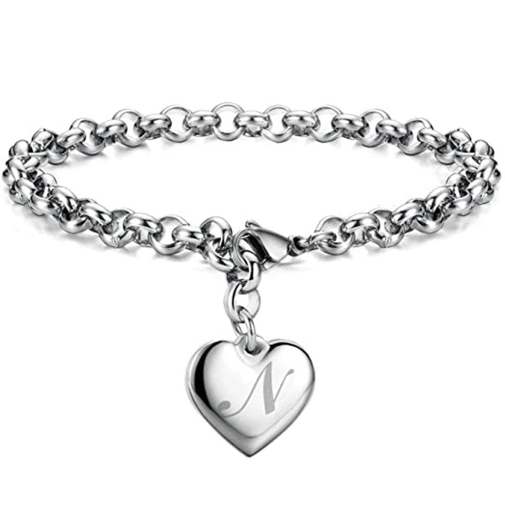 Bracelet en acier inoxydable avec initiale de charme pour femme N 20cm