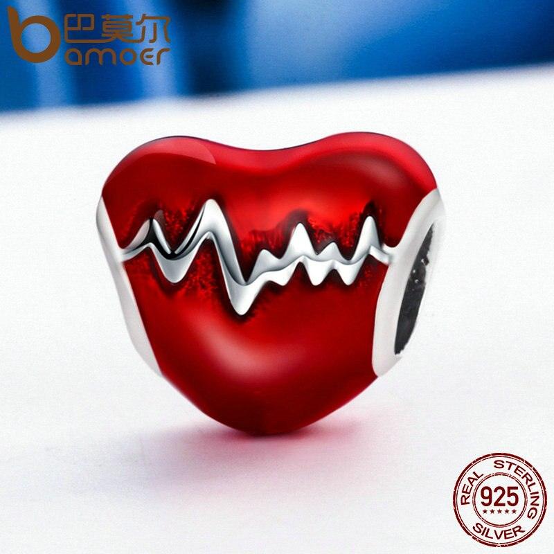 Bracelet en argent sterling 925 avec cœur en ECG et perles émaillées rouges pour femmes