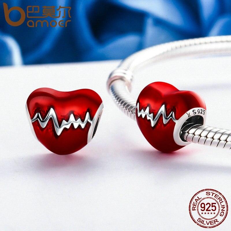 Bracelet en argent sterling 925 avec cœur en ECG et perles émaillées rouges pour femmes