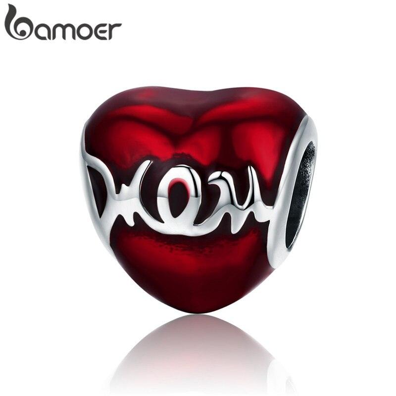Bracelet en argent sterling 925 avec cœur en ECG et perles émaillées rouges pour femmes
