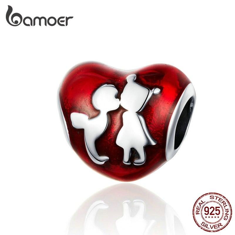 Bracelet en argent sterling 925 avec cœur en ECG et perles émaillées rouges pour femmes