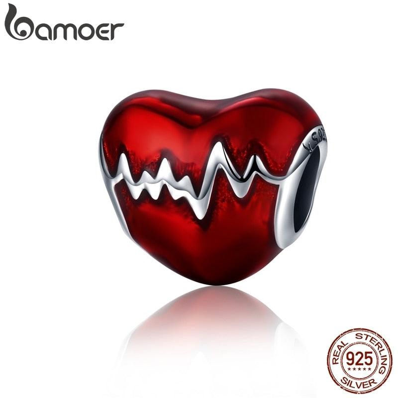 Bracelet en argent sterling 925 avec cœur en ECG et perles émaillées rouges pour femmes