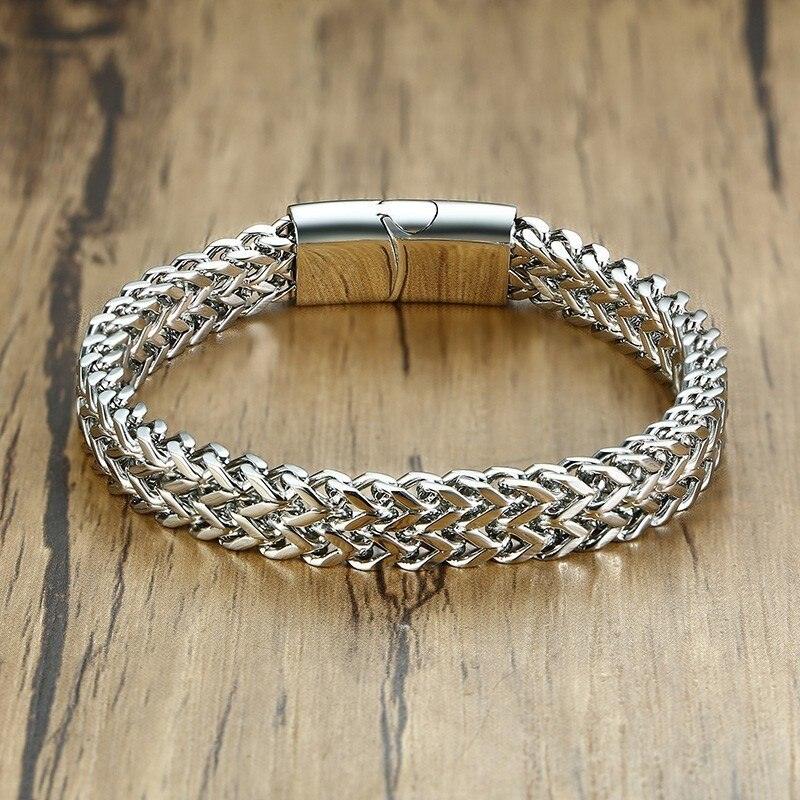 "Bracelet homme VNOX en acier inoxydable : double chaîne de blé polie haute qualité" Silver
