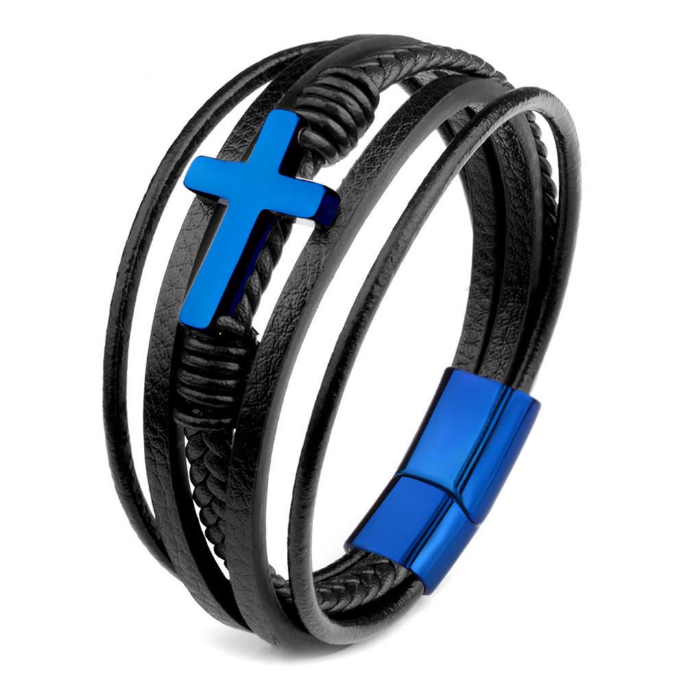 Bracelets en cuir véritable avec croix pour hommes blue cross