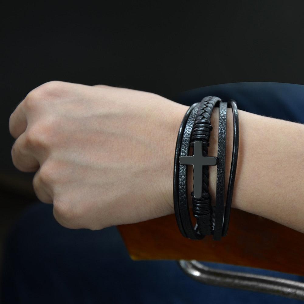 Bracelets en cuir véritable avec croix pour hommes