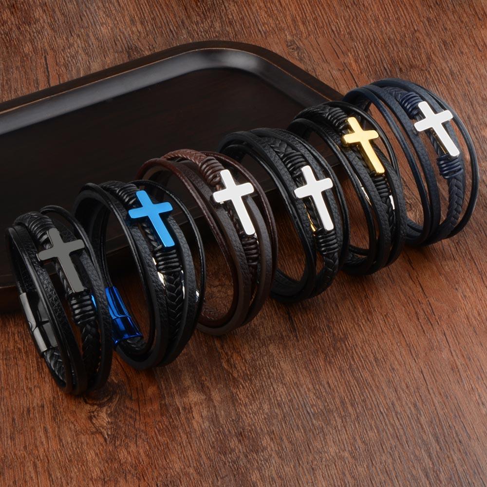 Bracelets en cuir véritable avec croix pour hommes