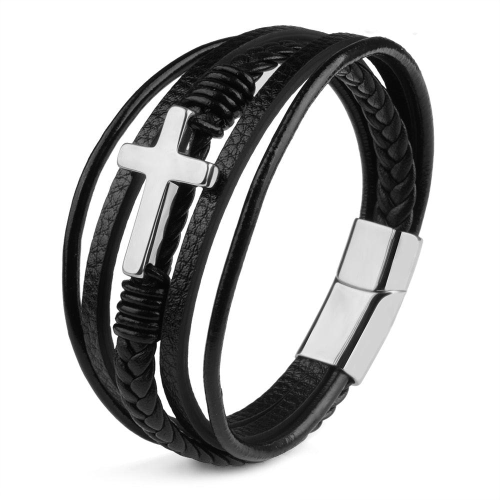 Bracelets en cuir véritable avec croix pour hommes steel