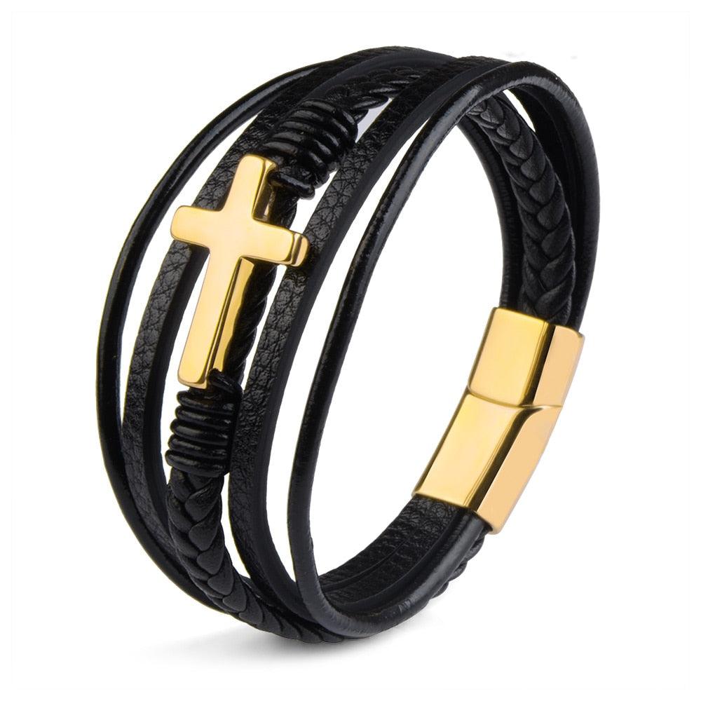 Bracelets en cuir véritable avec croix pour hommes gold color