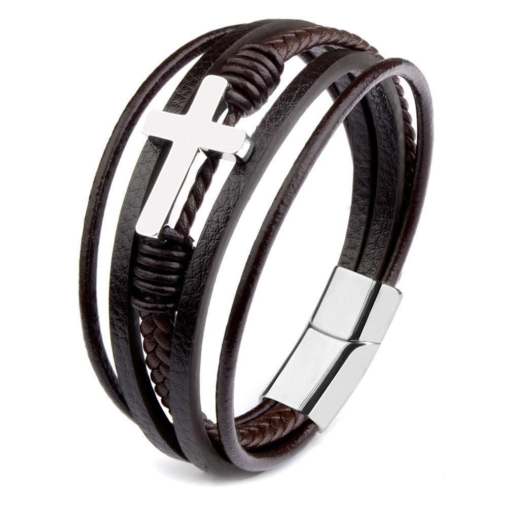 Bracelets en cuir véritable avec croix pour hommes brown