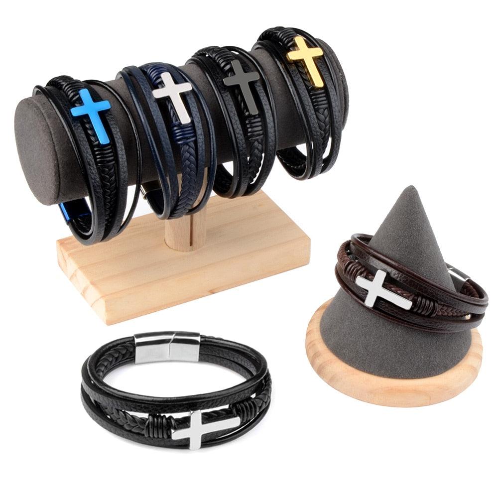 Bracelets en cuir véritable avec croix pour hommes