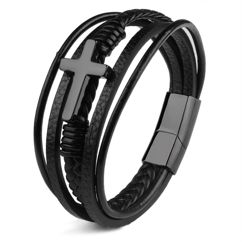Bracelets en cuir véritable avec croix pour hommes black