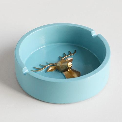 Cendrier Portable en Résine Tête de Cerf - Accessoire Déco pour Maison, Bureau et Extérieur LBlue Round