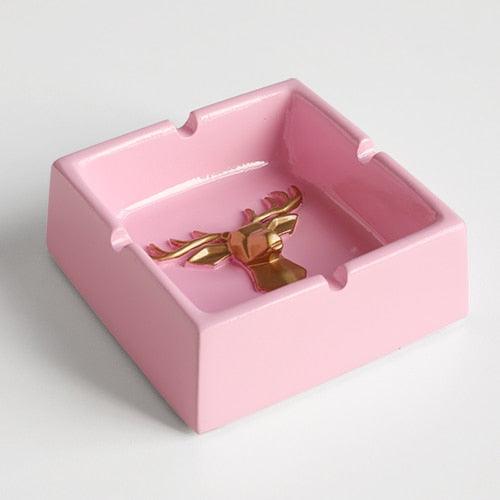Cendrier Portable en Résine Tête de Cerf - Accessoire Déco pour Maison, Bureau et Extérieur Pink Square