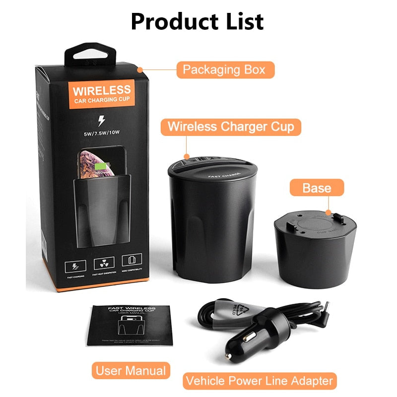 Chargeur sans fil 10W pour voiture avec support de tasse pour iPhone 13, 12 Pro, XS, XR/X, Samsung Galaxy S9/S8/Note10/Note9