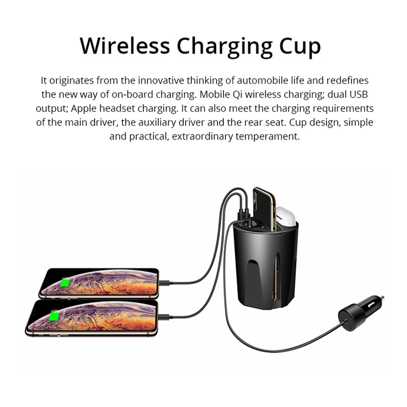 Chargeur sans fil 10W pour voiture avec support de tasse pour iPhone 13, 12 Pro, XS, XR/X, Samsung Galaxy S9/S8/Note10/Note9