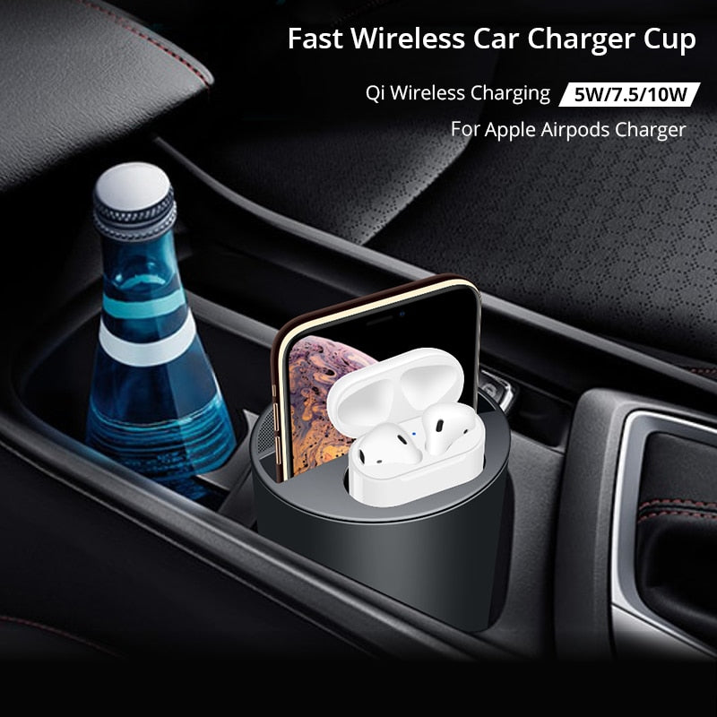 Chargeur sans fil 10W pour voiture avec support de tasse pour iPhone 13, 12 Pro, XS, XR/X, Samsung Galaxy S9/S8/Note10/Note9