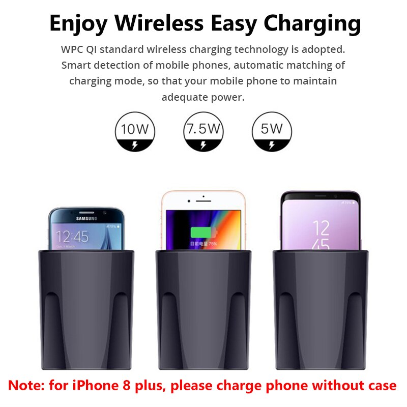 Chargeur sans fil 10W pour voiture avec support de tasse pour iPhone 13, 12 Pro, XS, XR/X, Samsung Galaxy S9/S8/Note10/Note9