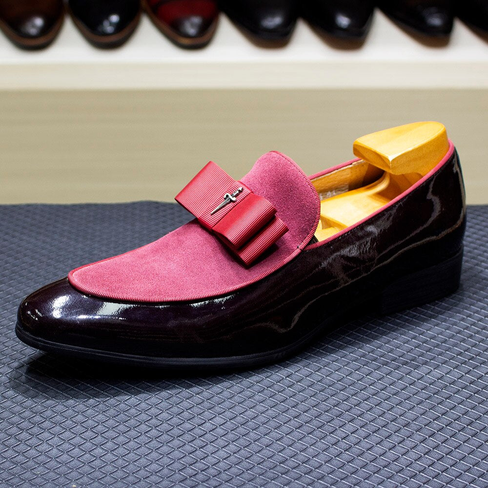Chaussures Homme à Pompons en Cuir Verni et Daim Faites à la Main pour Mariage et Soirée Red