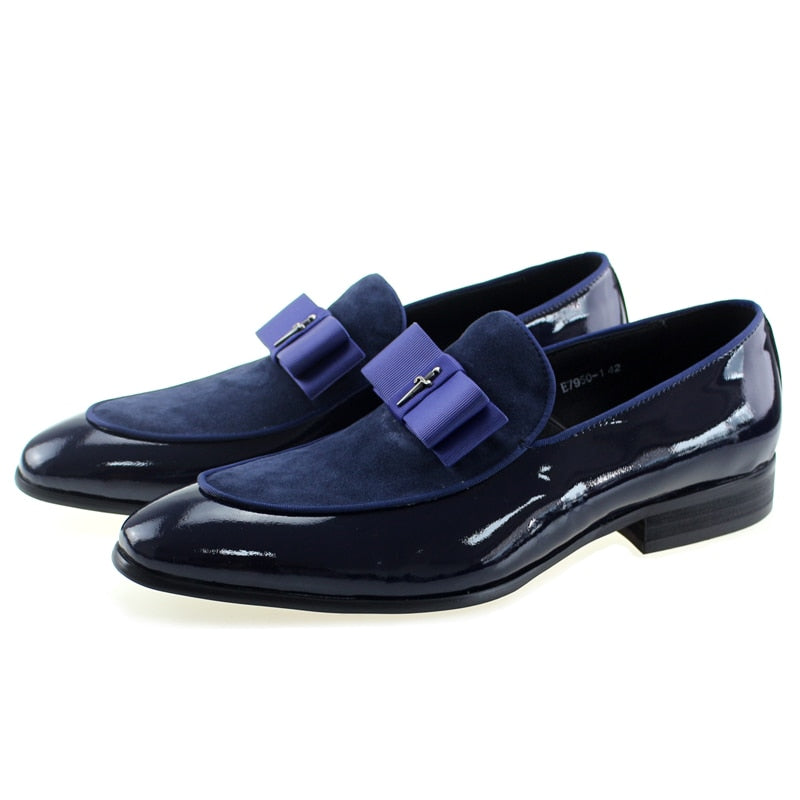 Chaussures Homme à Pompons en Cuir Verni et Daim Faites à la Main pour Mariage et Soirée Blue