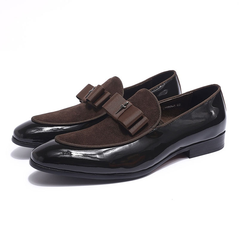 Chaussures Homme à Pompons en Cuir Verni et Daim Faites à la Main pour Mariage et Soirée Brown