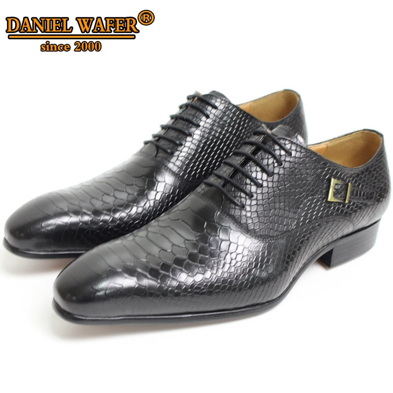 Chaussures Oxford en cuir véritable pour homme avec impression peau de serpent - Style classique Black
