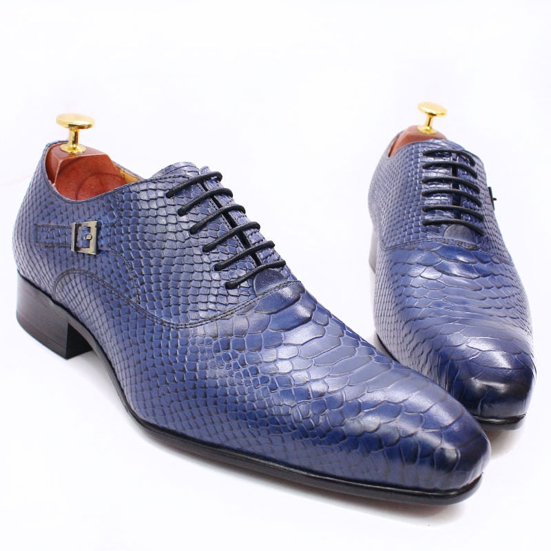 Chaussures Oxford en cuir véritable pour homme avec impression peau de serpent - Style classique Blue