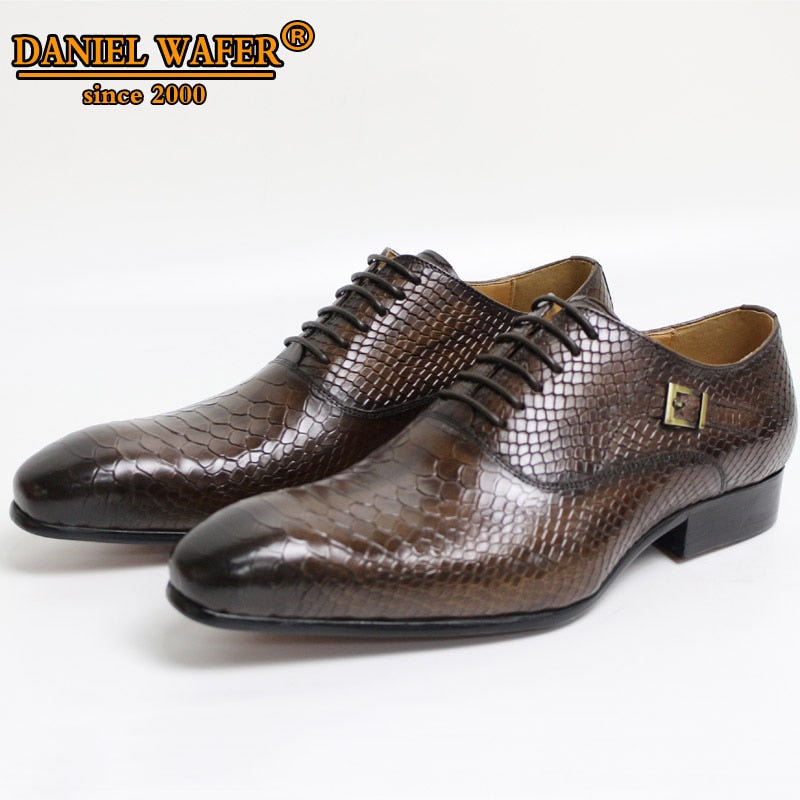 Chaussures Oxford en cuir véritable pour homme avec impression peau de serpent - Style classique Coffee