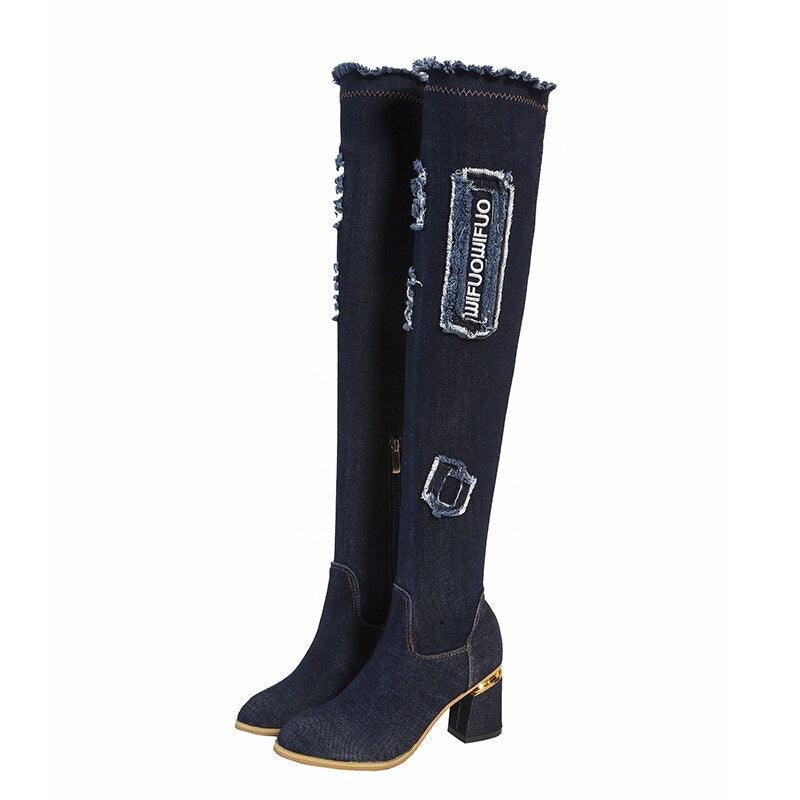 "Chaussures femme : bottes en denim à talons hauts et bout pointu" Navyblue